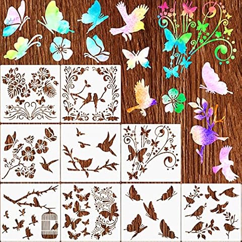9 Pieces Butterfly Stencils Bird Flower Stencil Flying Bird Painting Template Stencil Tropical Butterfly Drawing Reusable Stencil for Paint Craft Wall DIY Home Decor Wood Draw Cover