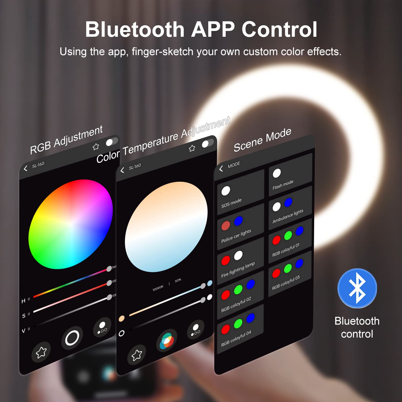 ORDRO Ringlicht mit Stativ, 16 Zoll Selfie Ringlicht mit 74 Zoll Stativ Ständer Bluetooth-App zur Unterstützung mehrerer RGB-Lichtmodi, 2600 K ~ 10000 K einstellbare Farbtemperatur