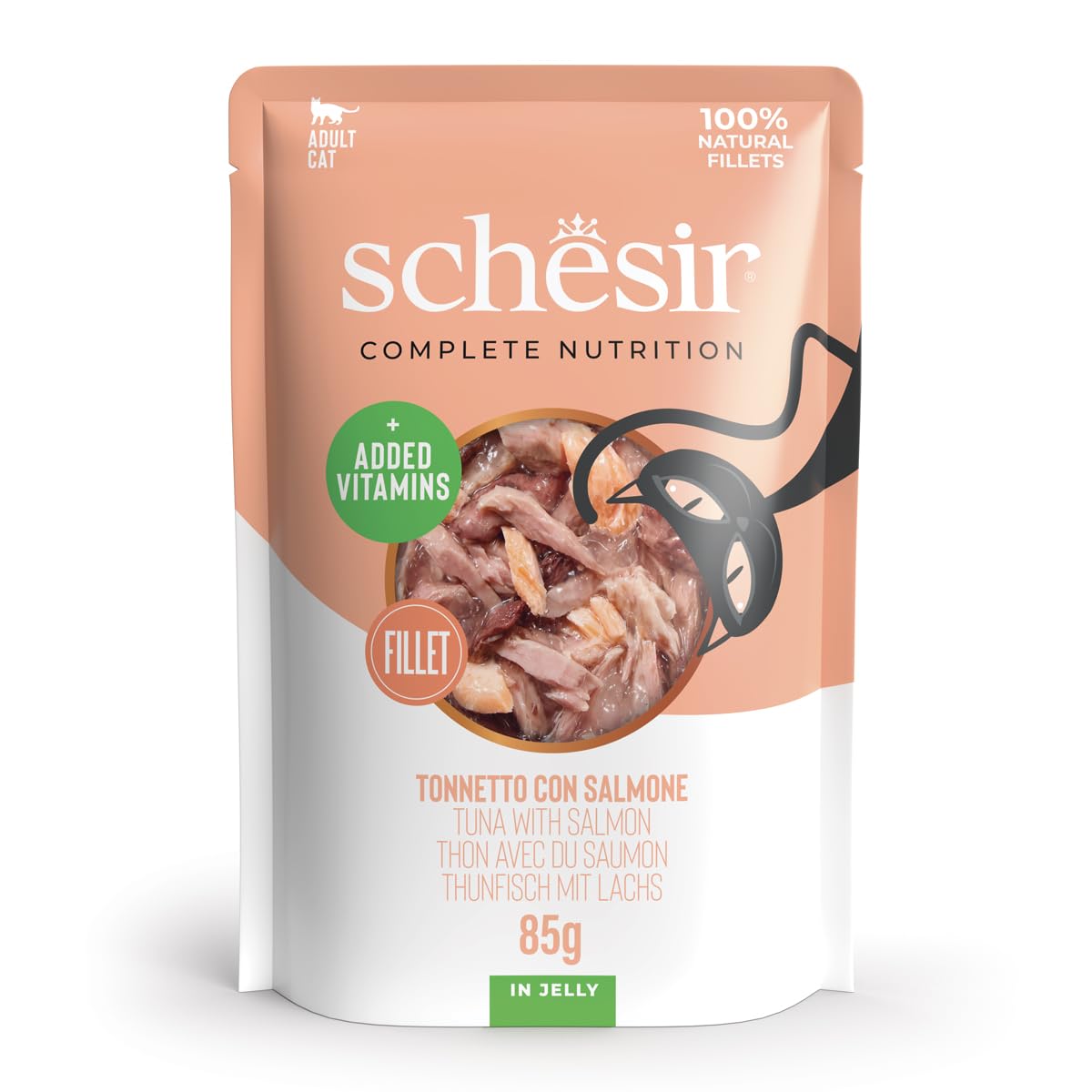 Schesir, Tuna with Salmon in Gelatin, Complete Wet Food for Cats, in Bag, 100% Natural Ingredients, Cruelty Free, 12 x 85g