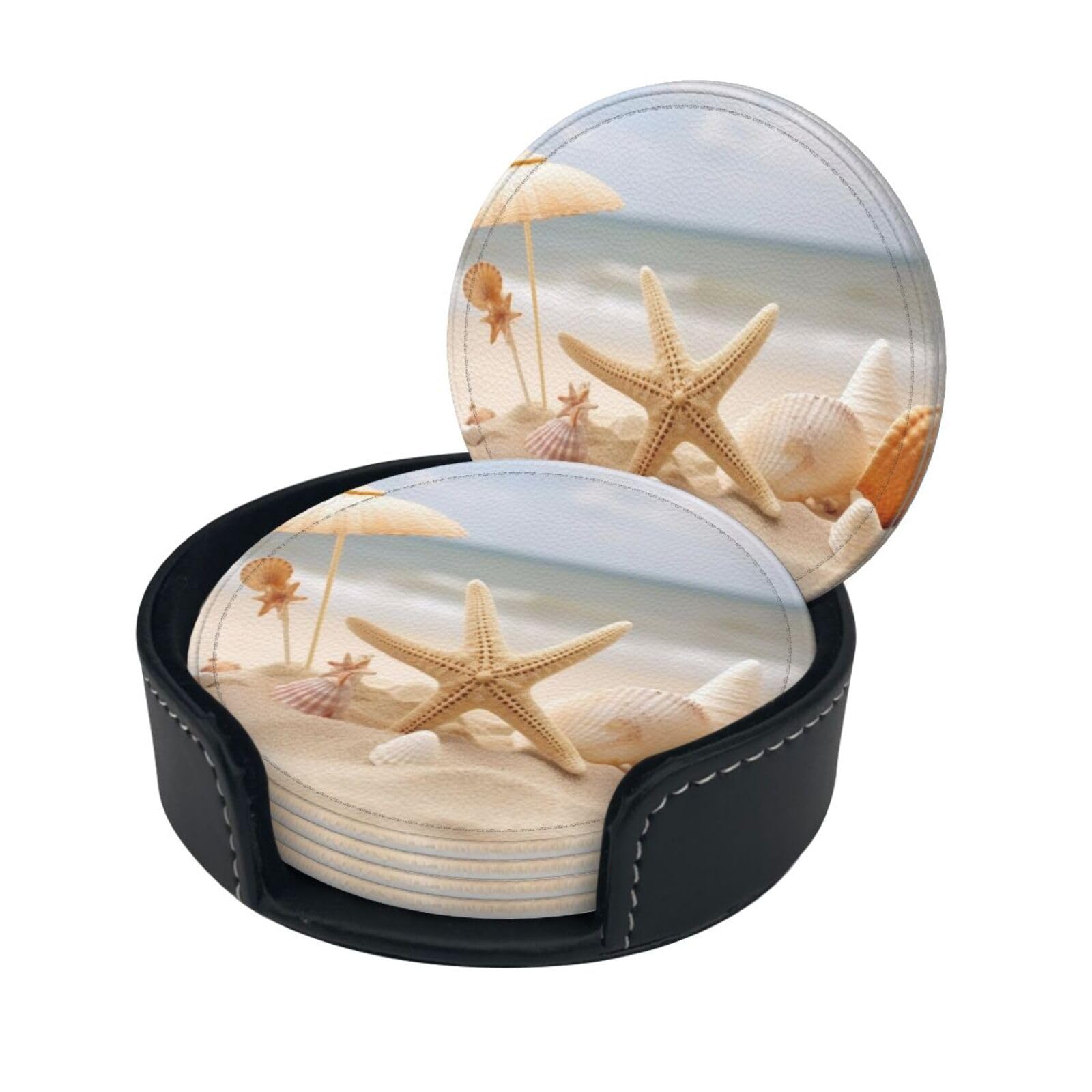 Stylish Coasters - Seashells Starfish On Beach Set of 6 Round Leather Drink Coasters with Holder - Perfect Size for Cups and Glasses