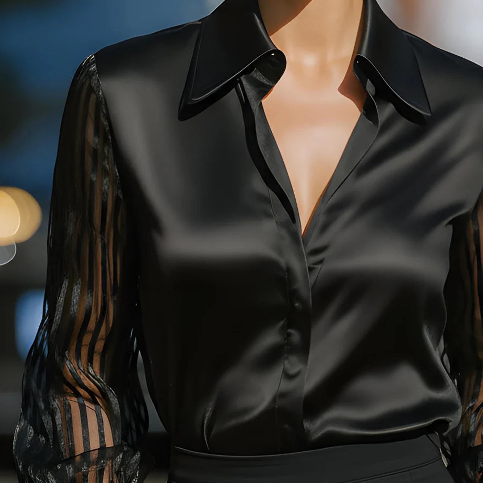 Chemise Femme Satin Col en V Manches Longues Ample Chemisier Blouse
