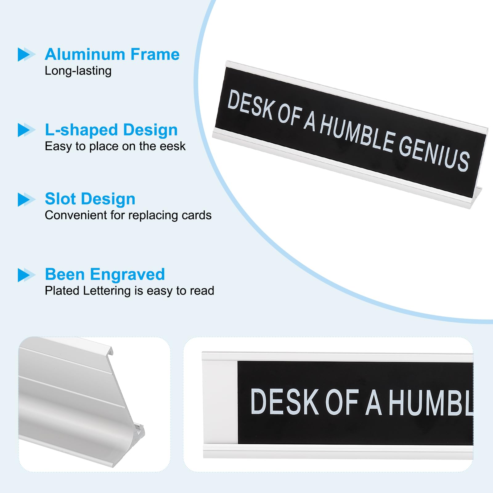 PATIKIL Funny Nameplate, 8"x2" Novelty Desk Sign Plaque Aluminum Desk Name Plate with Base for Office Silver White (Desk Of A Humble) - Image 3