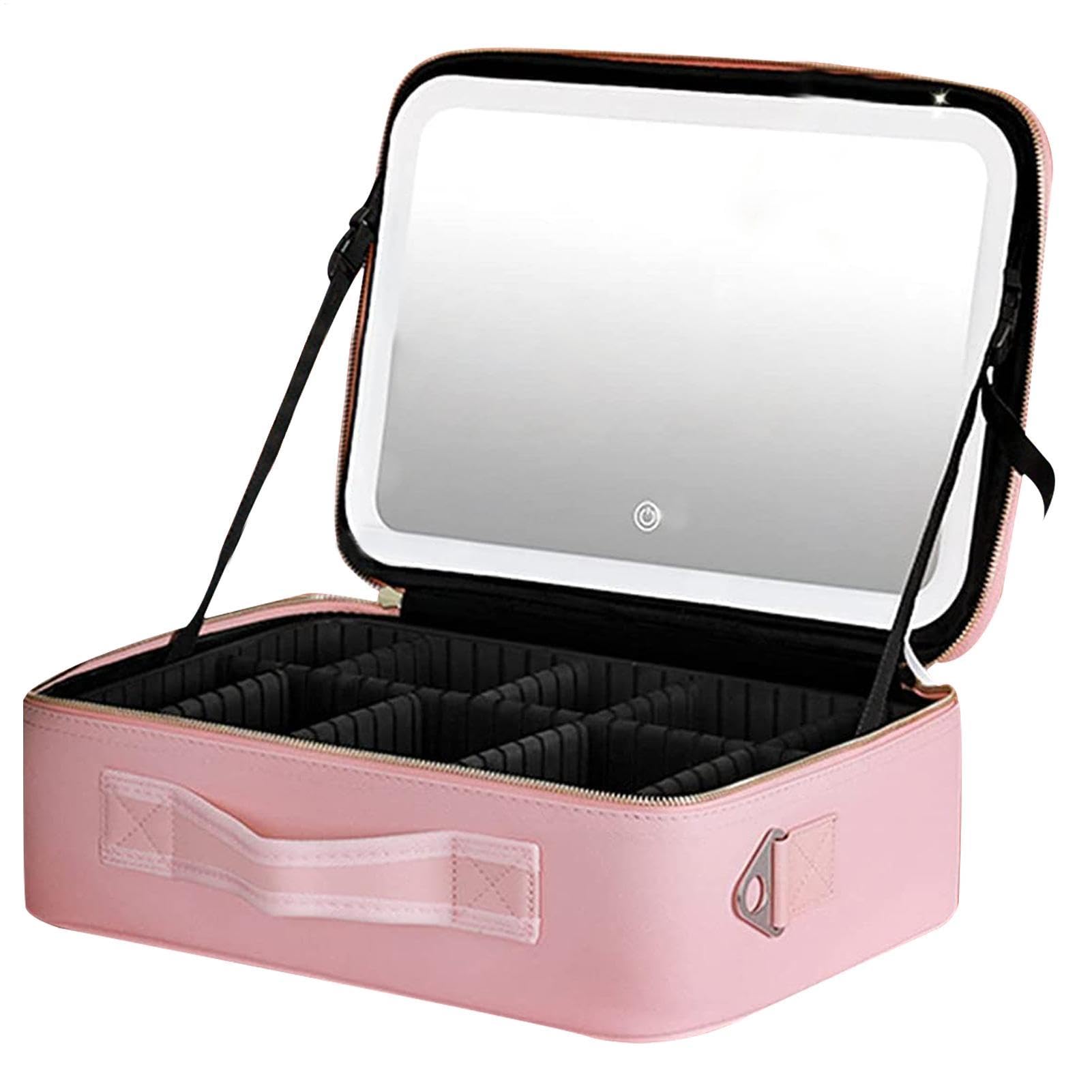 Neceser portátil – Estuche de Maquillaje de Viaje para Mujer, Estuche de | Maquillaje con Cremallera, portátil a Prueba de Polvo con Espejo y Luces, Varios Compartimentos, Rosa, Large, Consulte la
