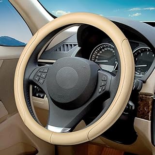 VARGTR Funda de cuero de microfibra para volante con relieve clásico, protector antideslizante y transpirable para volante de automóvil, ajuste de 15 pulgadas (beige)