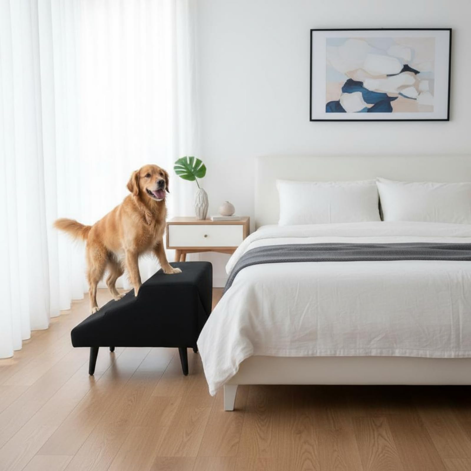 Escalera para Perros Plegable Multifunción Rampa Plegable para Mascotas Accesorio de Madera Acolchado Superficie Suave para Apoyo Adecuada para Ayudar, Negro, Lino De Algodón