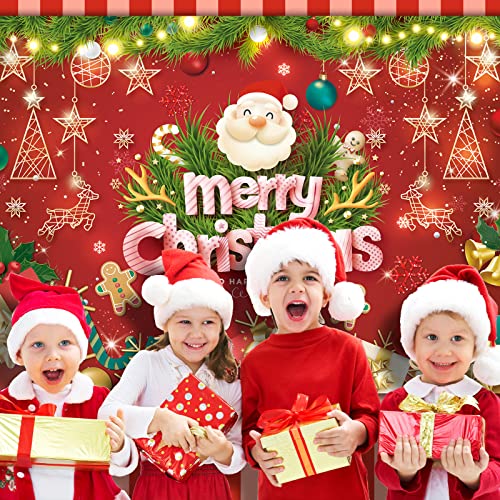 Image of 7x5FT Merry Christmas Banner - Santa Claus & Reindeer Background - Red Xmas Party Backdrop for Kids
