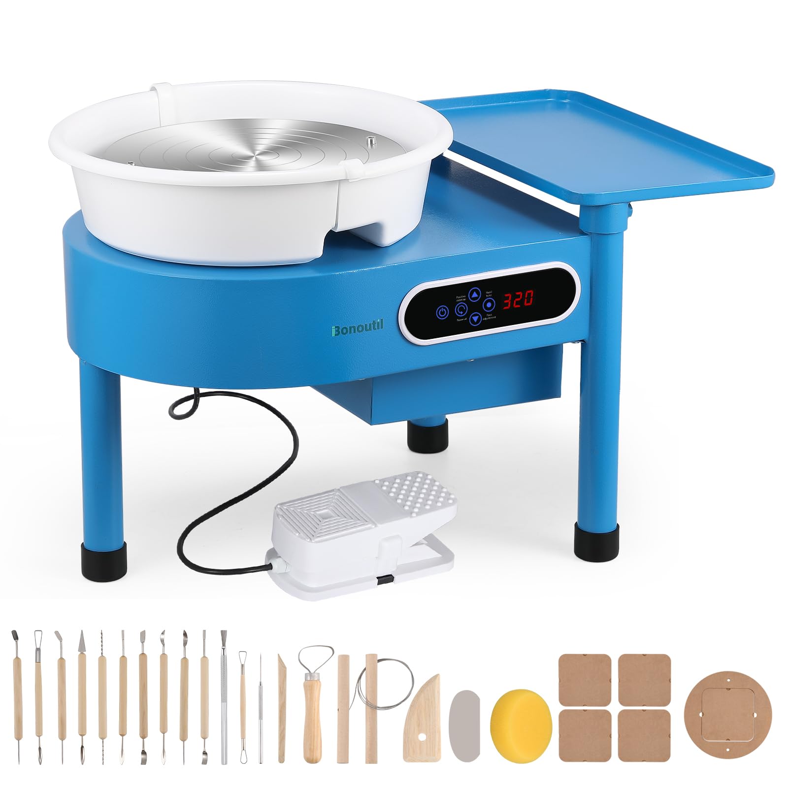 Bonoutil Pottery Wheel Machine, 30cm/12in with Bat System LCD&Foot Pedal 0-320RPM Electric Ceramic Forming Machine Adults Max 20 lbs Capacity 20PCS DIY Sculpting Tool