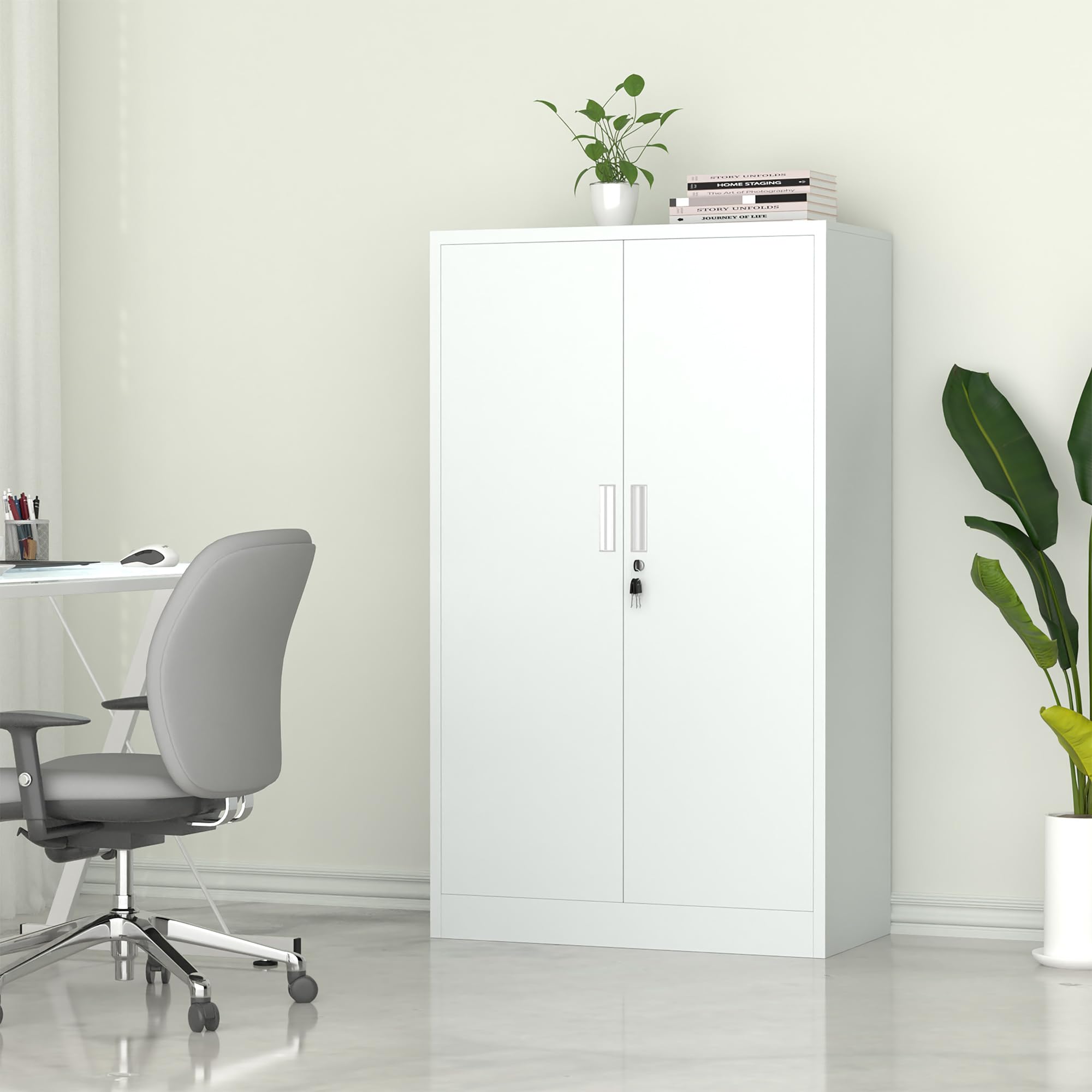 iJINGUR Armoire de Rangement en Métal avec 3 Étagères Réglables en Hauteur, Armoire de Bureau Métallique Verrouillable pour Bureau, Salon, Garage (Blanc)