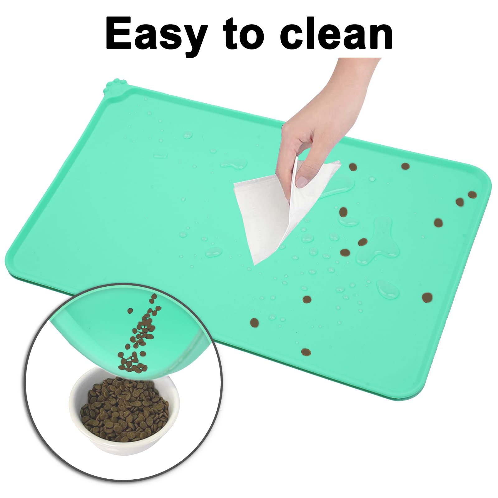 MOACC Tappetini Sottociotola per Cani, Tappetino per Ciotola di Cibo Antiscivolo per Animali con Disegni di Zampe Perfetto per Proteggere Il Pavimento da Liquidi(Verde, 47 x 30 cm)