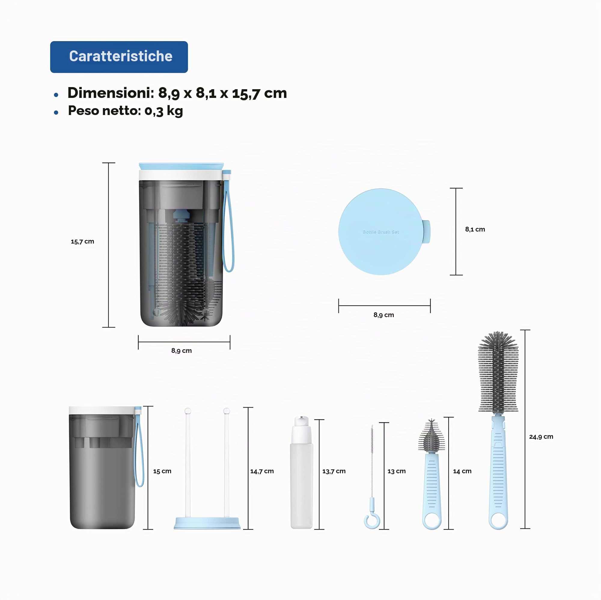 YOTIME Set Spazzole Biberon da Viaggio, con Silicone Spazzola per Biberon, Scovolino per tettarelle e Cannuccia, Dispenser Sapone, Scolabottiglie, Scatola Portaoggetti, senza BPA, Blu