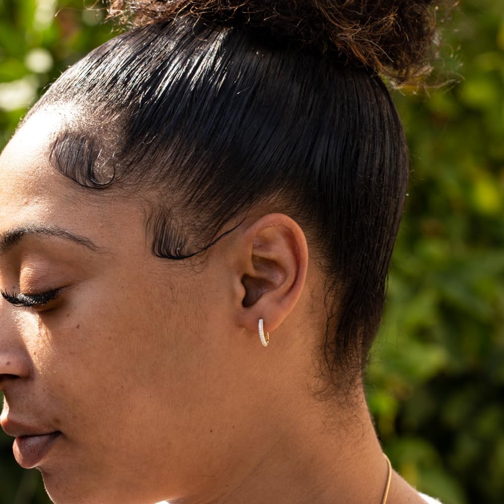 Fully Iced Cz 14K Yellow Gold Plated 925 Sterling Silver Post Small Thin Fashion Huggie Hoop Earrings For Men And Women Lightweight Hypoallergenic 11mm Hoop Earrings - Image 5