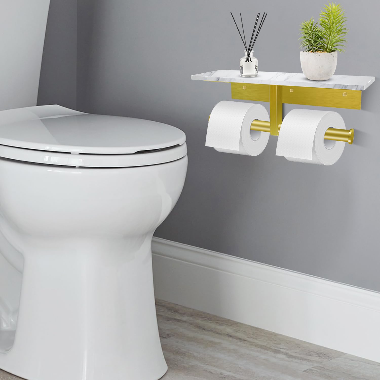 Soporte de papel higiénico con estante, soporte de pared doble para papel higiénico y 2 ganchos adhesivos para baño, soporte de papel higiénico de mármol dorado