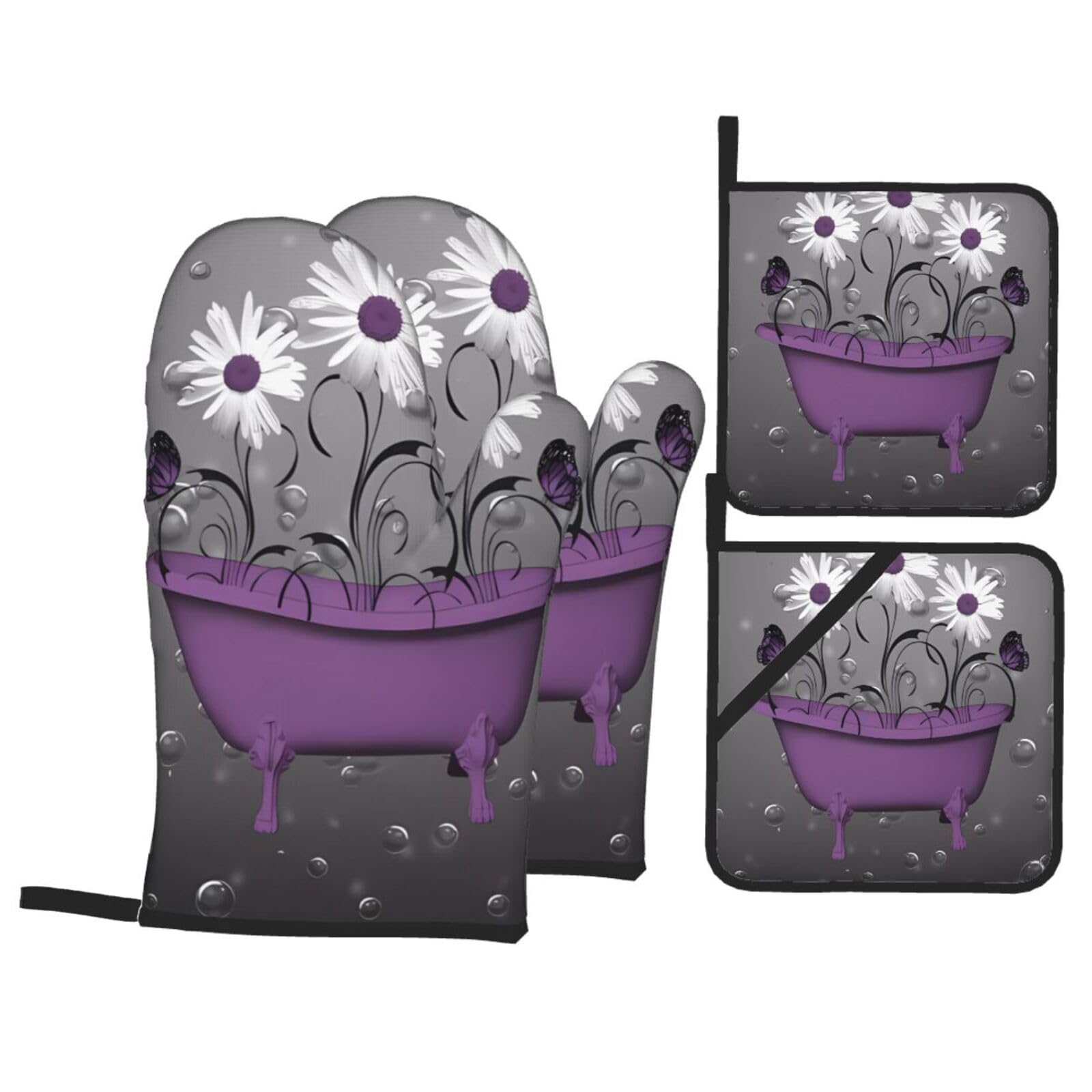 WHJSHOP Purple Bathtub and Daisy Prints Kitchen Layers: Waterproof Oven Covers for Safe Handling & Easy Cleanup – 4 Piece Heat Protection Bundle