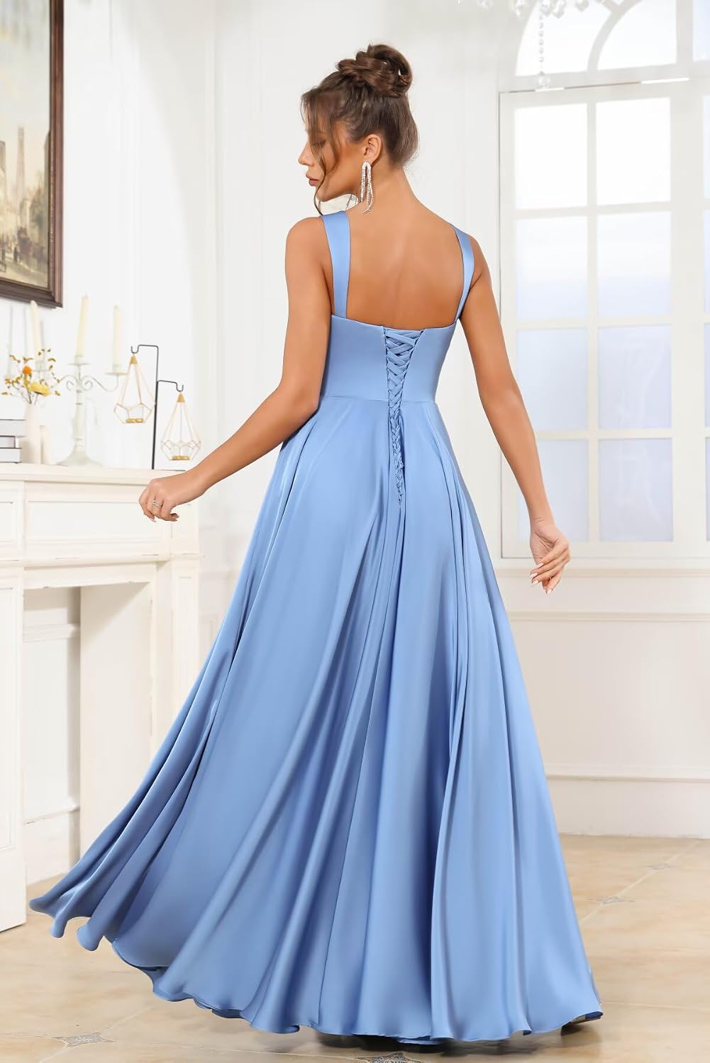 A Line Ruched Satin Bridesmaid Dresses for Women Square Neck Spaghetti Straps Formal Dress with Slit