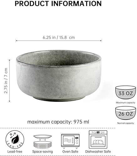 Miniatura 2 de Henten Home Juego de 4 cuencos de cerámica para cereales, cuencos de fideos de 32 onzas, cuencos de porcelana para cocina, cuencos de sopa para