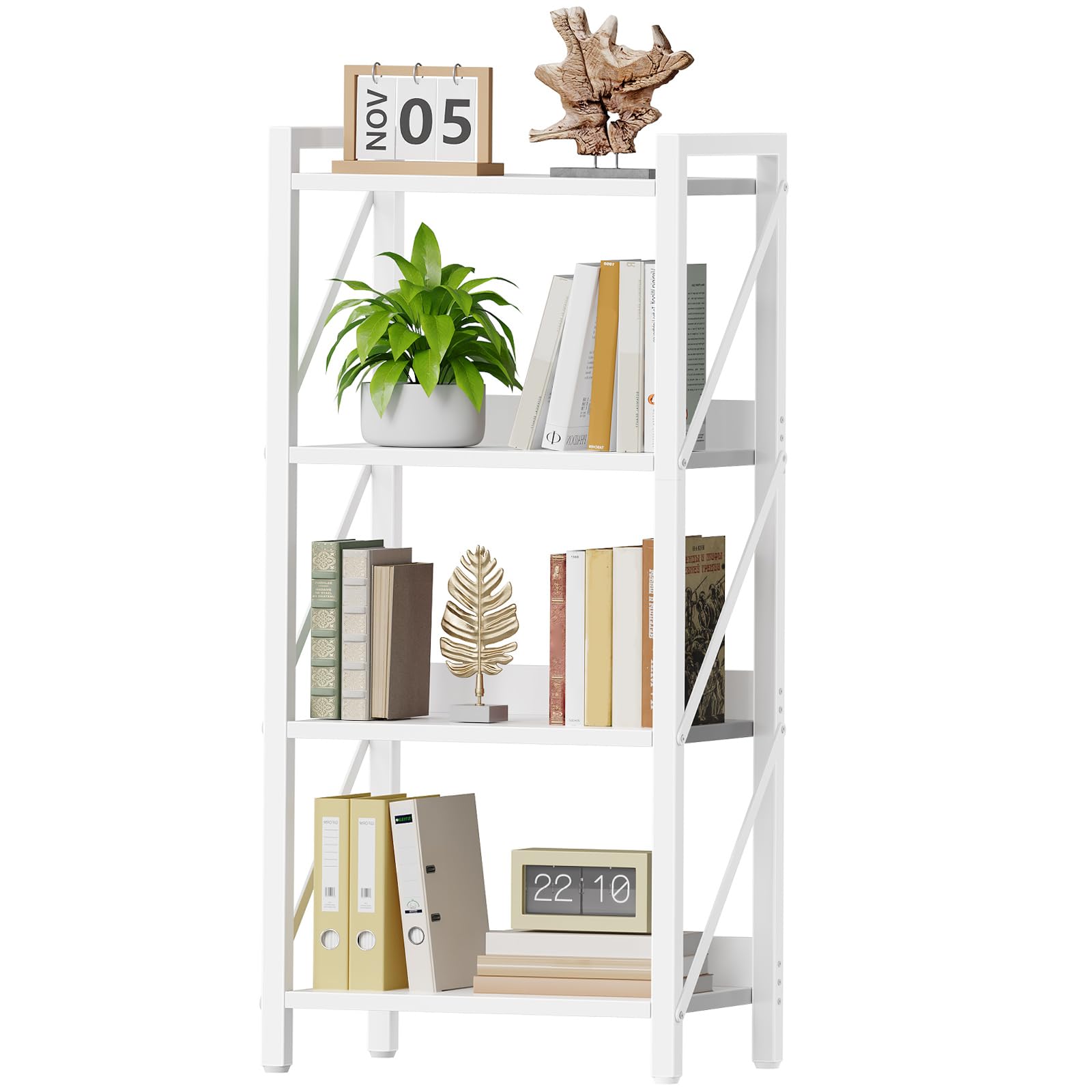 HOOBRO Scaffale a 4 Ripiani in Stile Moderno, Libreria Angolare, Scaffale a Scala, con Struttura in Metallo, per Soggiorno, Camera, Ufficio, Cucina o Ingresso, Bianco EWW40SJ01