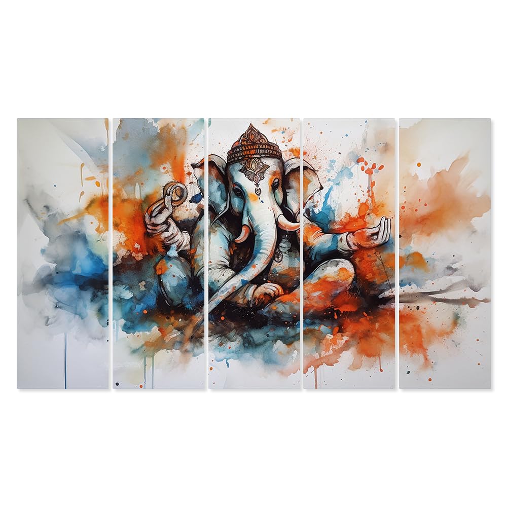 DEKORSTATION Big Size Multiple Frames, Beautiful Ganesha Wall Painting for Living Room, Bedroom, Office, Hotels, Drawing Room Wooden Framed Digital Painting | dspnl508