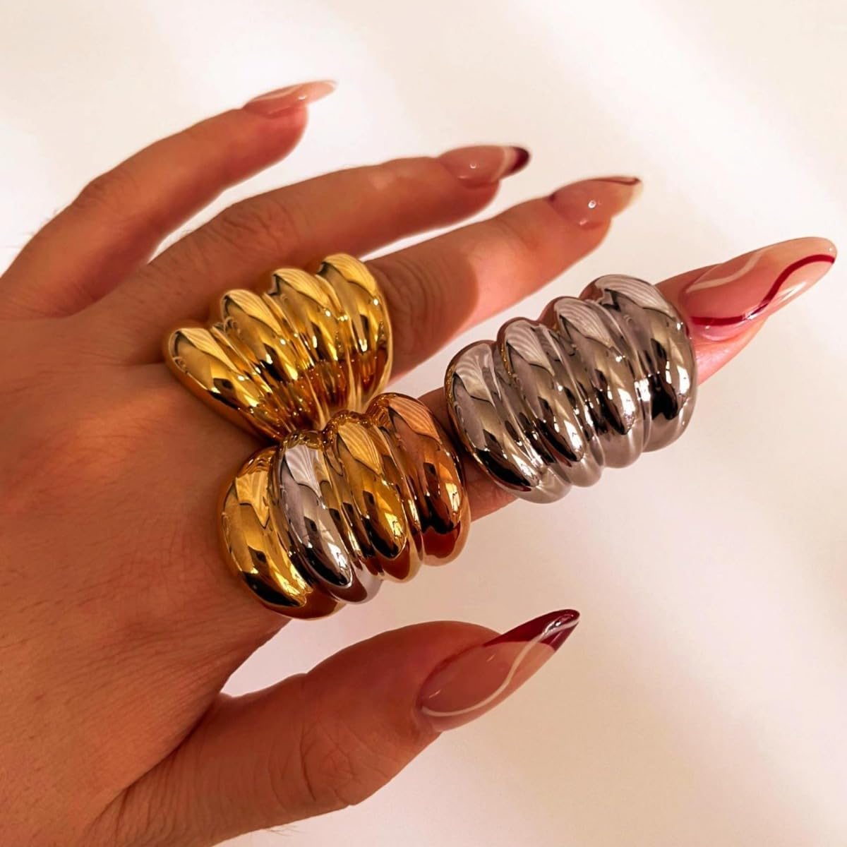 Kokoma Long Chunky Statement Ring for Women Stainless Steel Thick Dome Finger Band Layered Stackable Rings Geometric Ring Fashion Jewelry - Image 3