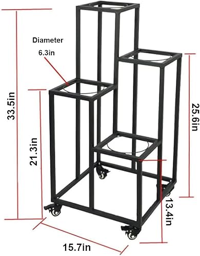 Miniatura 5 de Soporte de exhibición de flores con 4 cubos de plástico, estante de carrito de plantas móviles de alta resistencia, estante de metal móvil de 4