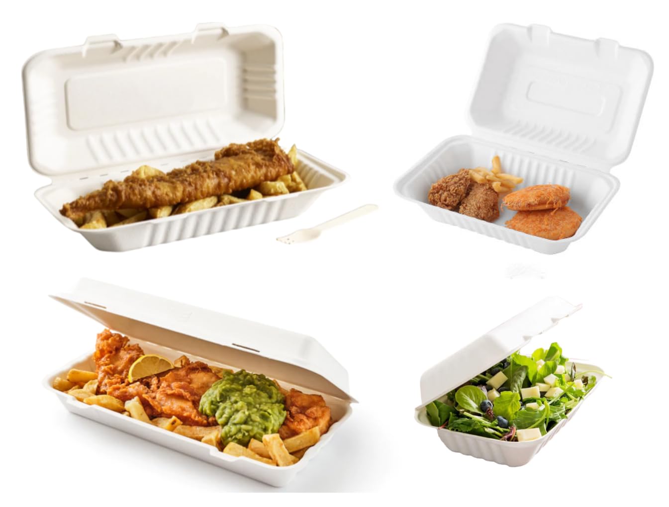 Hot Bargains White 50 X 13 X 6 (Inch) Large + 50 X 9" X 6" (Inch) Bagasse Meal Box Takeaway Clamshell Container Food Box For Takeaway Restaurant
