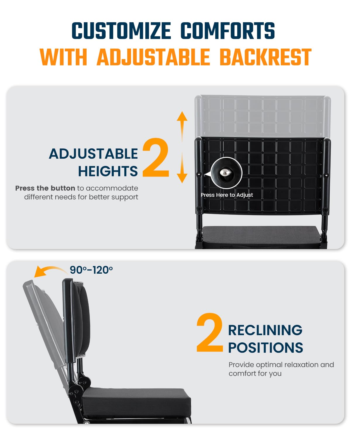 Sportneer Stadium Seats with Back Support: Height Adjustable Thick Padded Stadium Seats with Pocket, Shoulder Strap, Carry Handle, Cup Holder, Folding Stadium Chair for Sports Events Concerts Outdoor