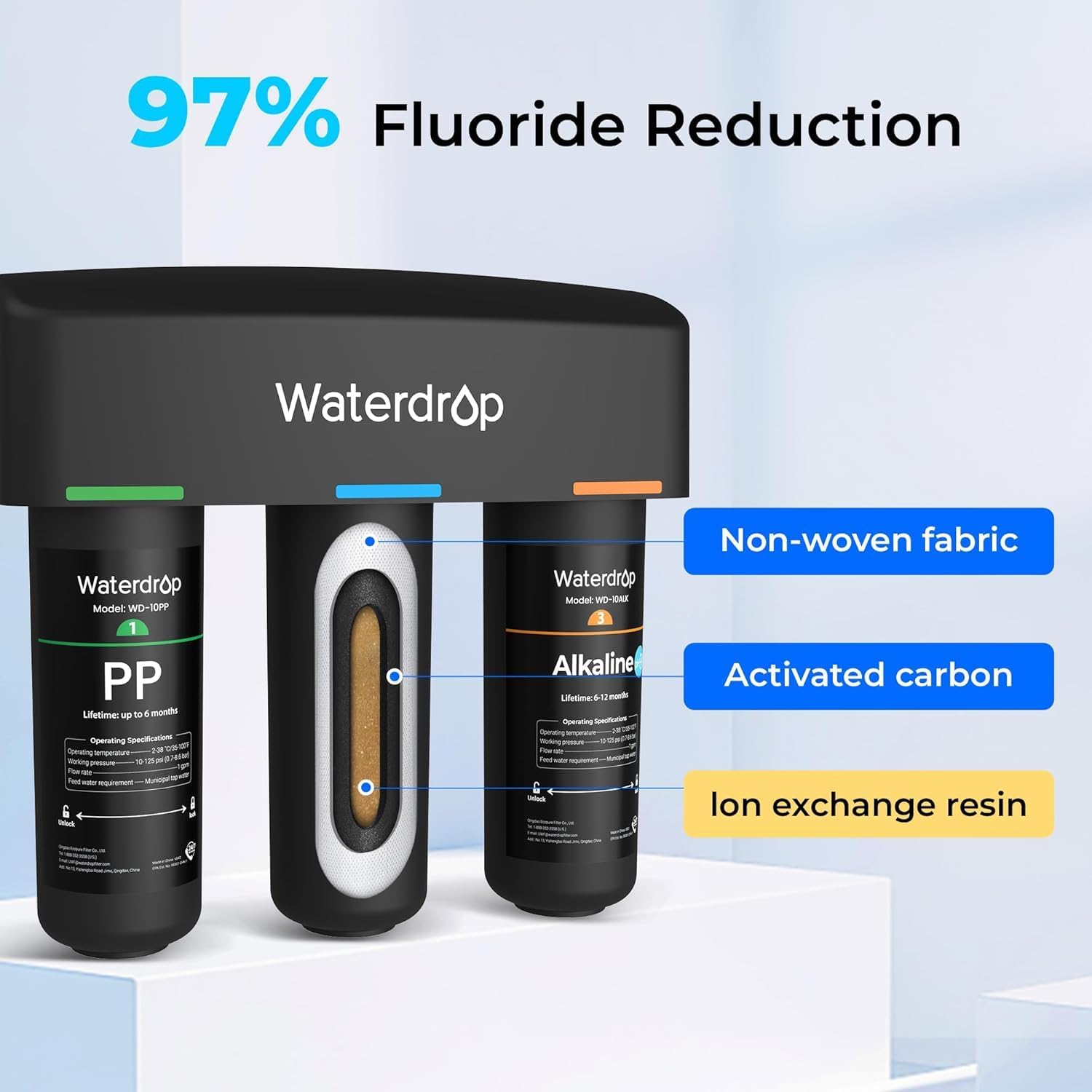 Waterdrop TSB-CM+TSB-ALK 8 Layer High Capacity Under Sink Water Filter, Reduces PFAS, PFOA/PFOS, Fluoride, Chlorine, Bad Taste & Odor, with Dedicated Faucet, Under Sink Water Filter,Bundle