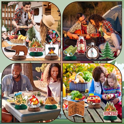 Image of Yuntau 12 Pcs Summer Camping Party Decorations Happy Camper Honeycomb Centerpieces Adventure Decoration Camping Party Table Sign Campfire Adventure Bears Table Toppers 3D Decor for Birthday