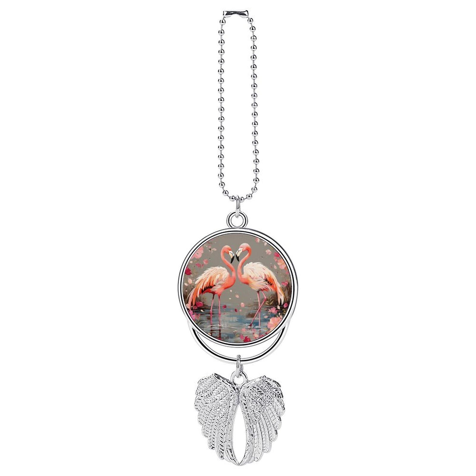 Flamingos and Flowers Car Charm Alloy Car Rear View Mirrors Hanging Ornaments Stylish Car Pendant Funny Auto Hanging Accessories Car Hanging Ornaments Gift for Women Men