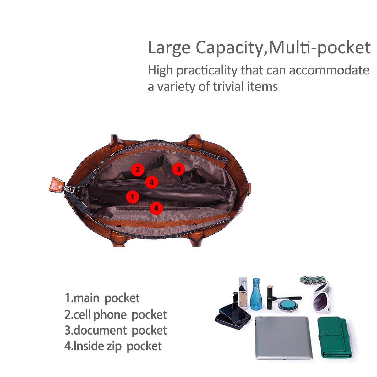 ADITAM Fashion Damen Bucket Bag Tote Handtasche Umhängetasche Messenger Große Tasche Wasserdichtes PU-Leder Braun Double the Comfort