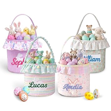 Dyoart Personalized Easter Baskets, Custom Embroidered Floral Bunny Easter Basket with Name, Easter Egg Hunt Bag, Customized Easter Gifts Decor for Boys Girls Toddler Color04