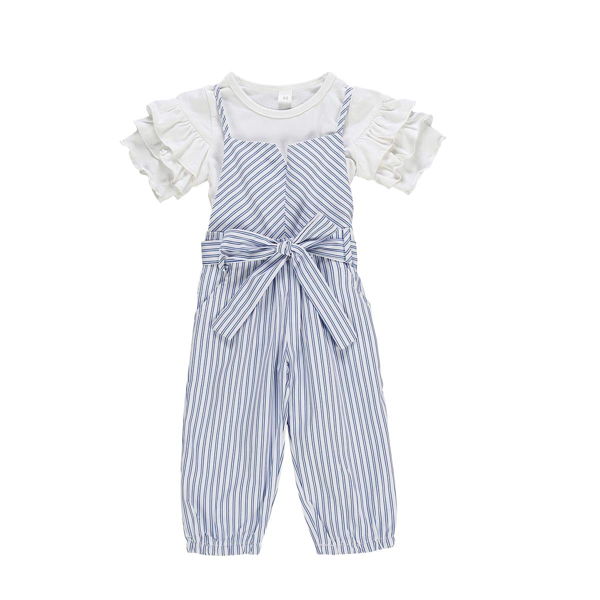Toddler Kids Baby Girls Clothes Ruffles Short Sleeve T-Shirt Tops+ Suspender Striped Long Overall Pants 2Pcs Outfits Set(Blue,4-5 Years)