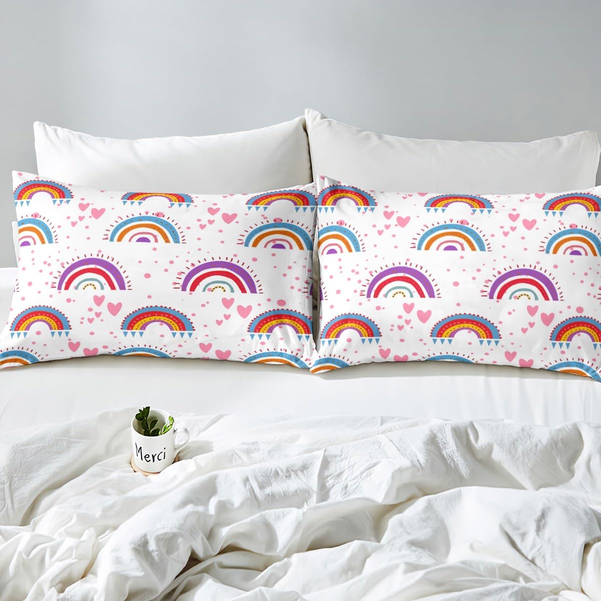 Loussiesd Juego de funda de edredón con diseño de arcoíris de dibujos animados, funda de edredón de arcoíris rosa para niños pequeños, funda de colcha colorida de arco iris, decoración de habitación