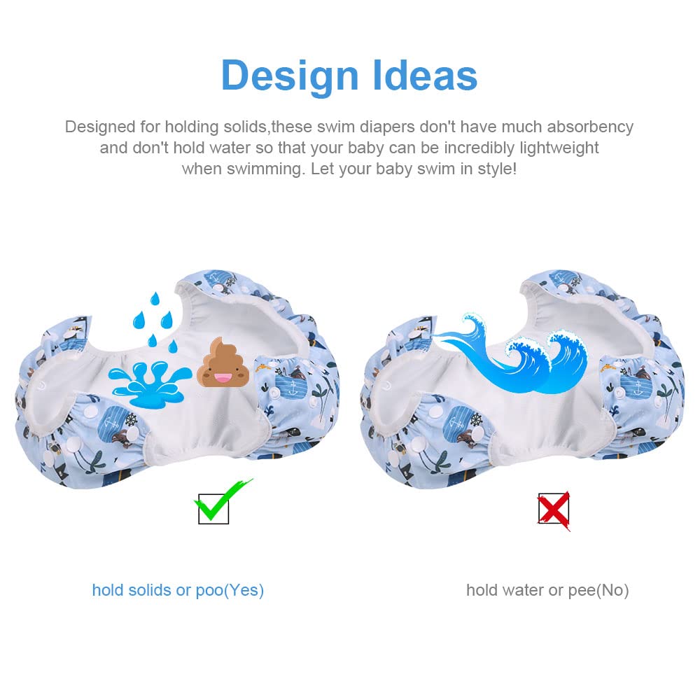 Vicloon Pannolino da Nuoto, 2PCS Pannolini Lavabili Pannolini da Nuoto, Costume Piscina Regolabile Riutilizzabile Costumi per Bambini, Impermeabile Pannolino Piscina, Nave Pirata e Onde, 0-3 Anni