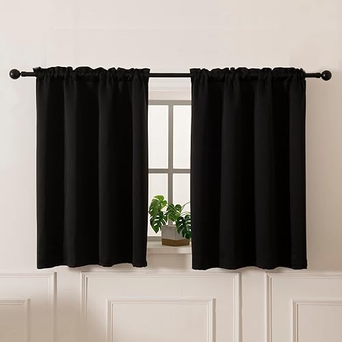 Pickluc Cortinas de cocina para café de 36 pulgadas de largo, 2 paneles, cortinas opacas con bolsillo para barra, cortina corta negra para ventana