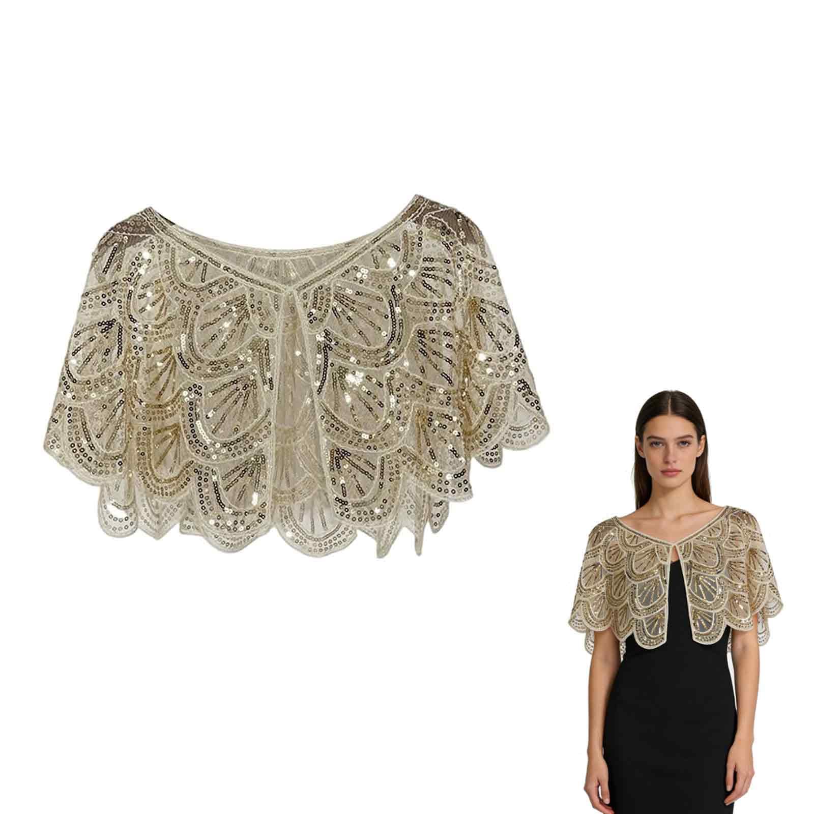 1 Piece Capes For Women Stylish, Golden Sequin Lace Shrug For Weddings And Evening Events, Shoulder Cape Dress For Formal Occasions And Beach Outings (Apricot)