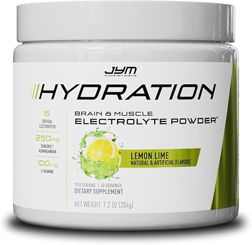 JYM Hydration Lemon Lime Powder, electrolitos de rendimiento, potasio, sodio, magnesio, para hombres y mujeres, teanina, Ashwaghanda, teanina, 40