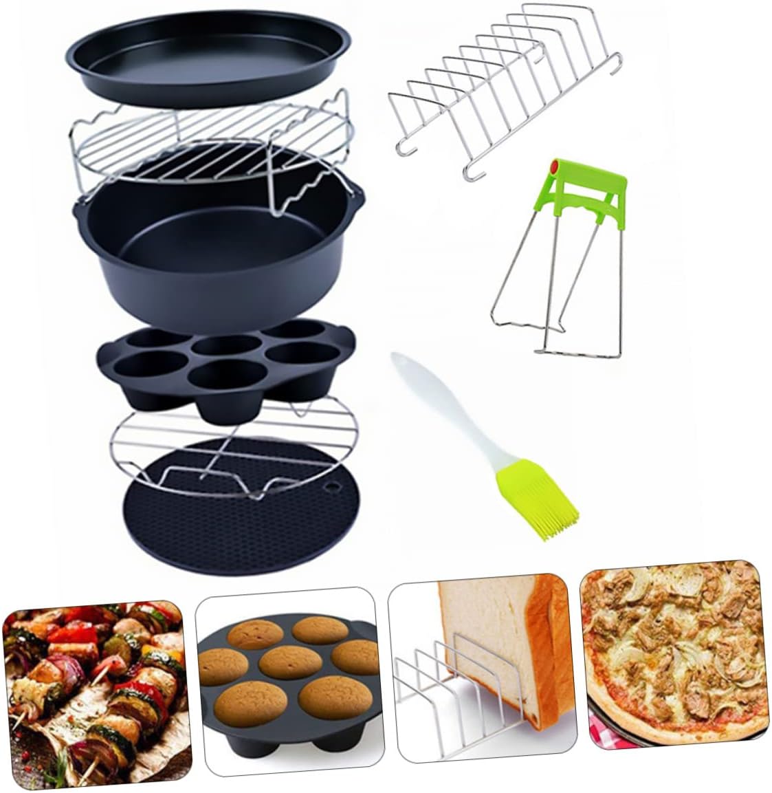 Cabilock 9pcs Air Fryer Accessories Set Non-stick Cake Pan Multi-functional Kitchen Tools for Air Fryers Includes Pizza and Cupcake -grade Material