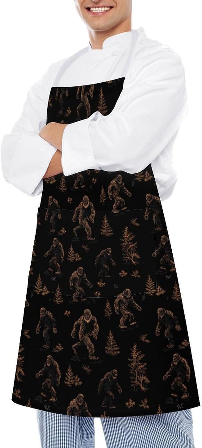 Bigfoot Pattern Funny Apron Chef Aprons with Pockets for Gardening Cooking Kitchen