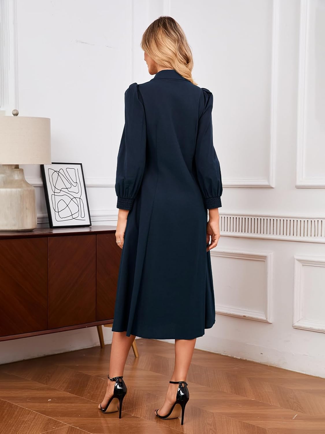 Ladyful Women's Long Sleeve Cotton Midi Shirt Dress Button Down Belted Casual A-line Flowy Tie-Waist Collared Dresses - Image 3