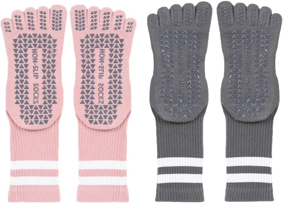 Pilates Socks for Women, Non Slip Five Toe Grippy Socks for Yoga Barre Sticky Gym Hospital 2 Pairs