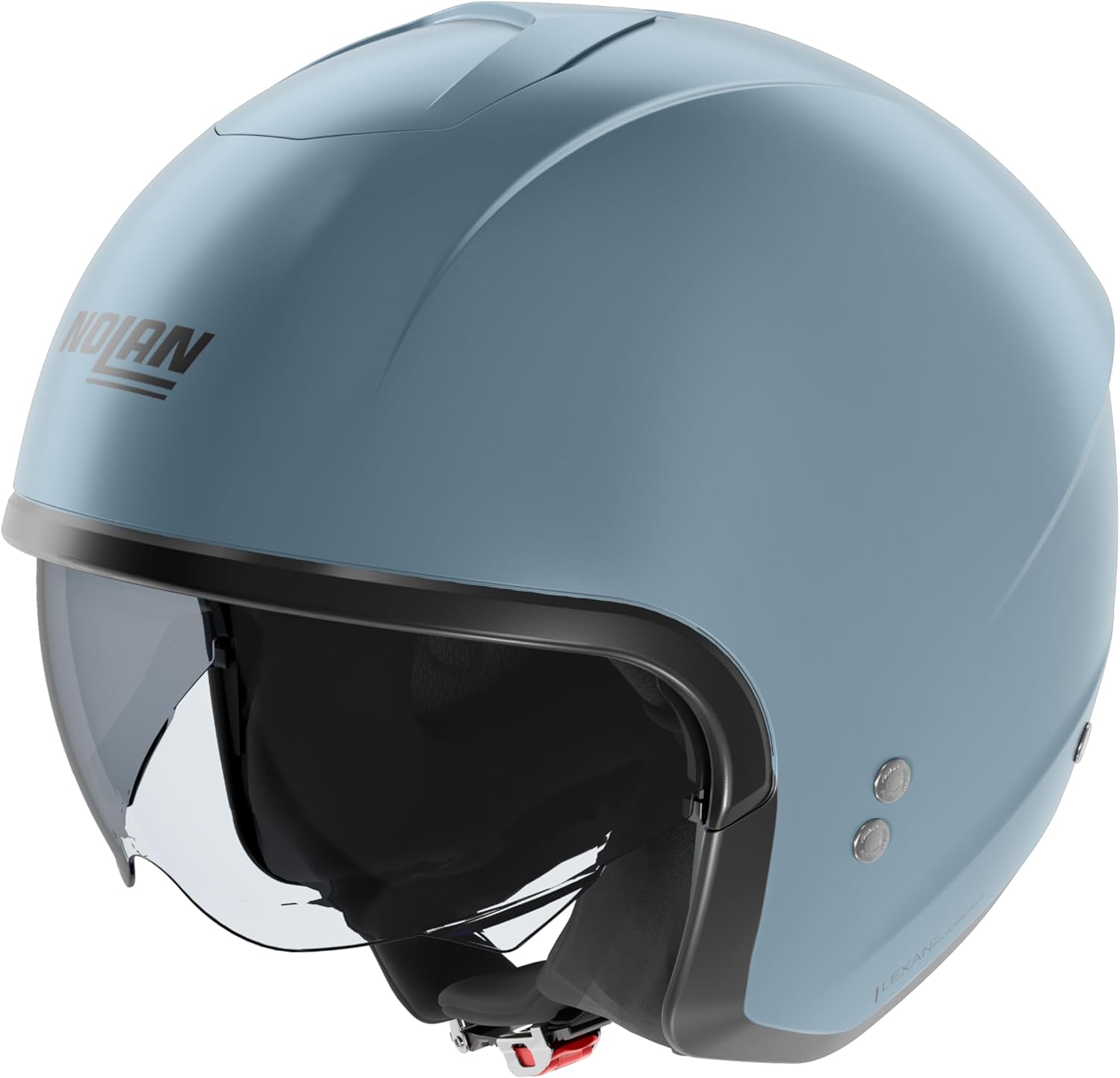 Side view of the Nolan N20-2 Classic Nobile helmet in light blue, showing the visor mechanism and chin strap.