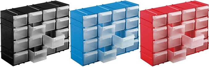 Kigima Sortierbox 3er Set 22x15x8cm 16 Fächer Rot, Blau, Schwarz – Praktisches Kleinteilemagazin aus Plastik – Sortimentskasten für Wandmontage geeignet – ideal als Werkstatt Organizer