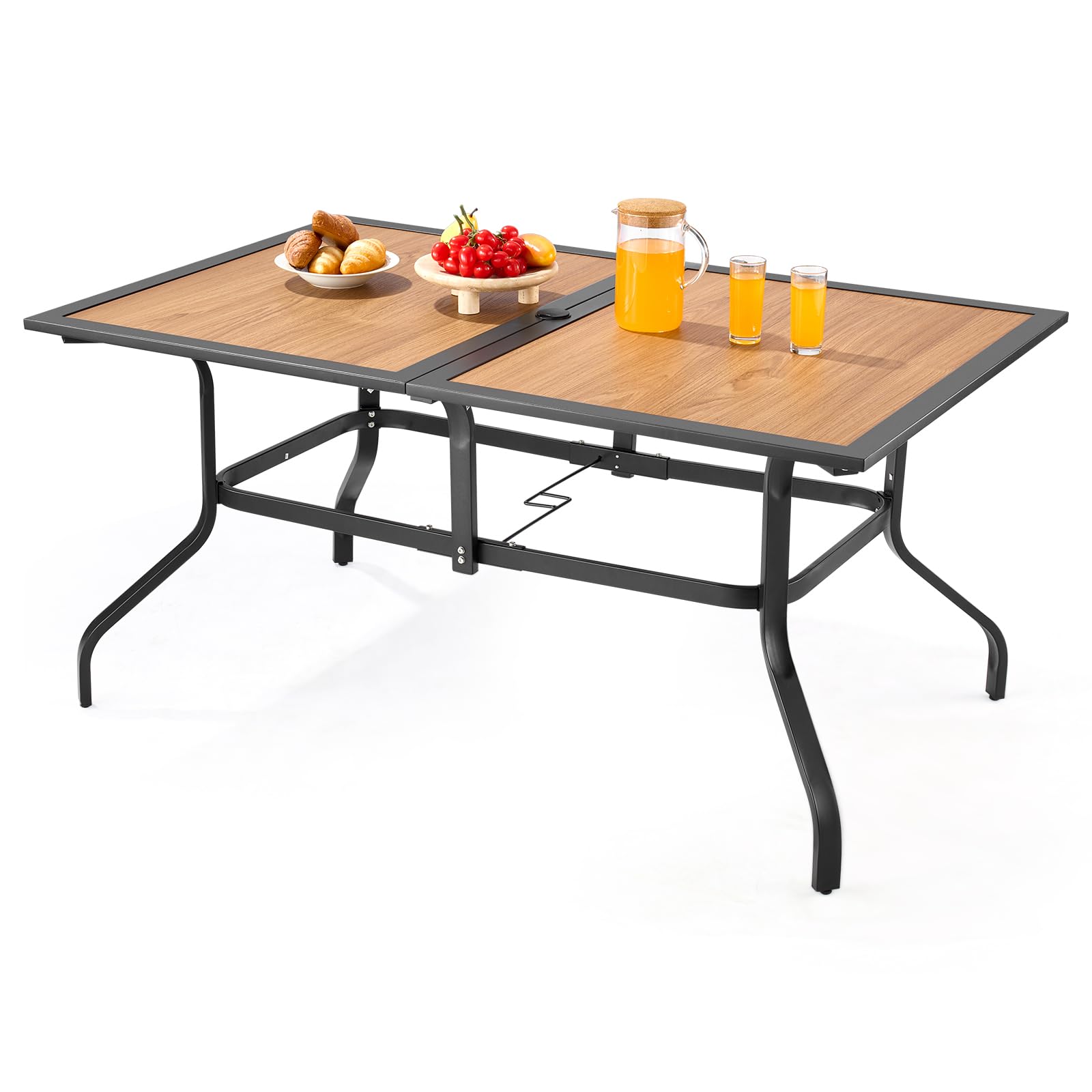 VEVOR Table à Manger pour Patio extérieur, 1505 mm, Table de Bistro rectangulaire en Acier Imitation Bois, pour 4 à 6 Personnes, avec Trou pour Parasol de 38 mm, pour Jardin, véranda, Marron et Noir