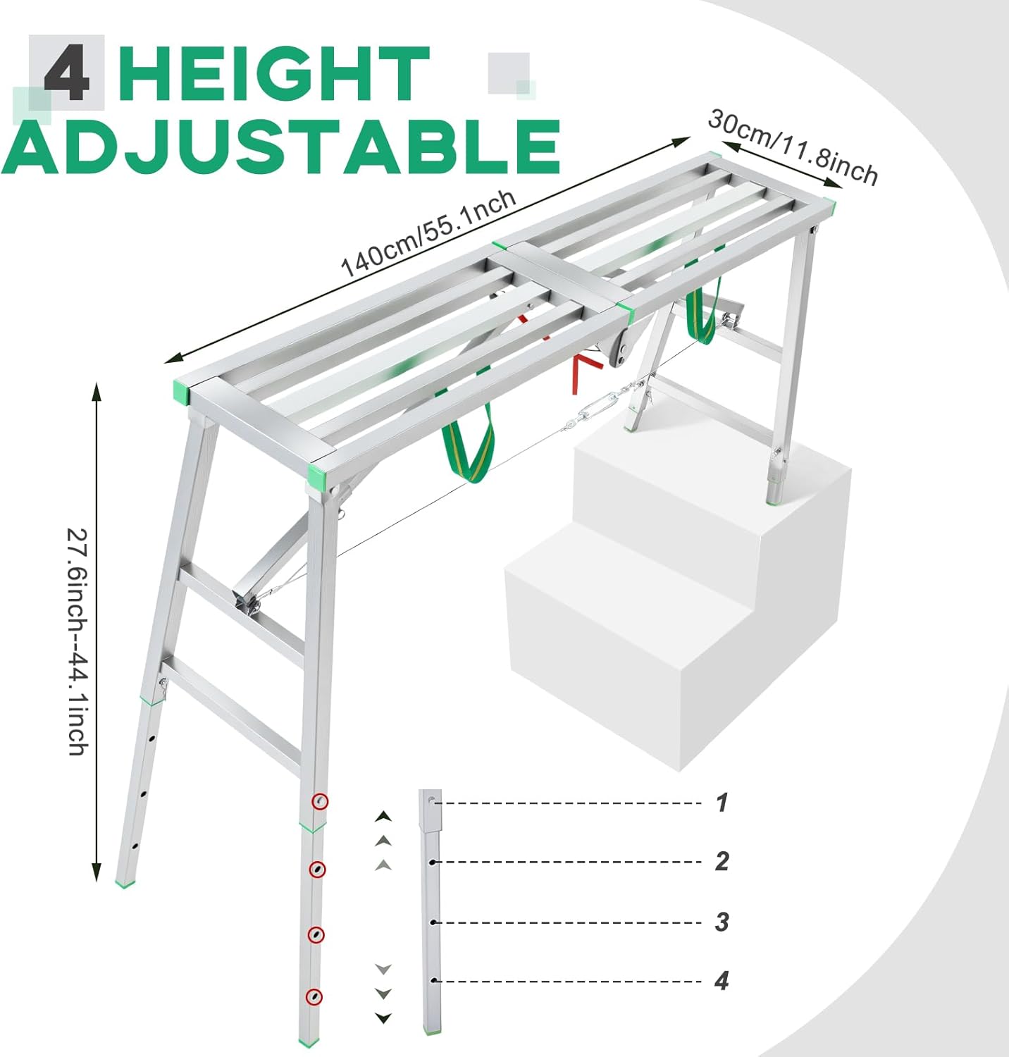 Zonon 28" to 44" H Folding Work Platform 400 Lbs Capacity Portable Scaffolding Step Stool 4 Height Adjustment 55" x 11.8" Non Slip Work Platform Ladder for Home Drywall Cleaning Painting