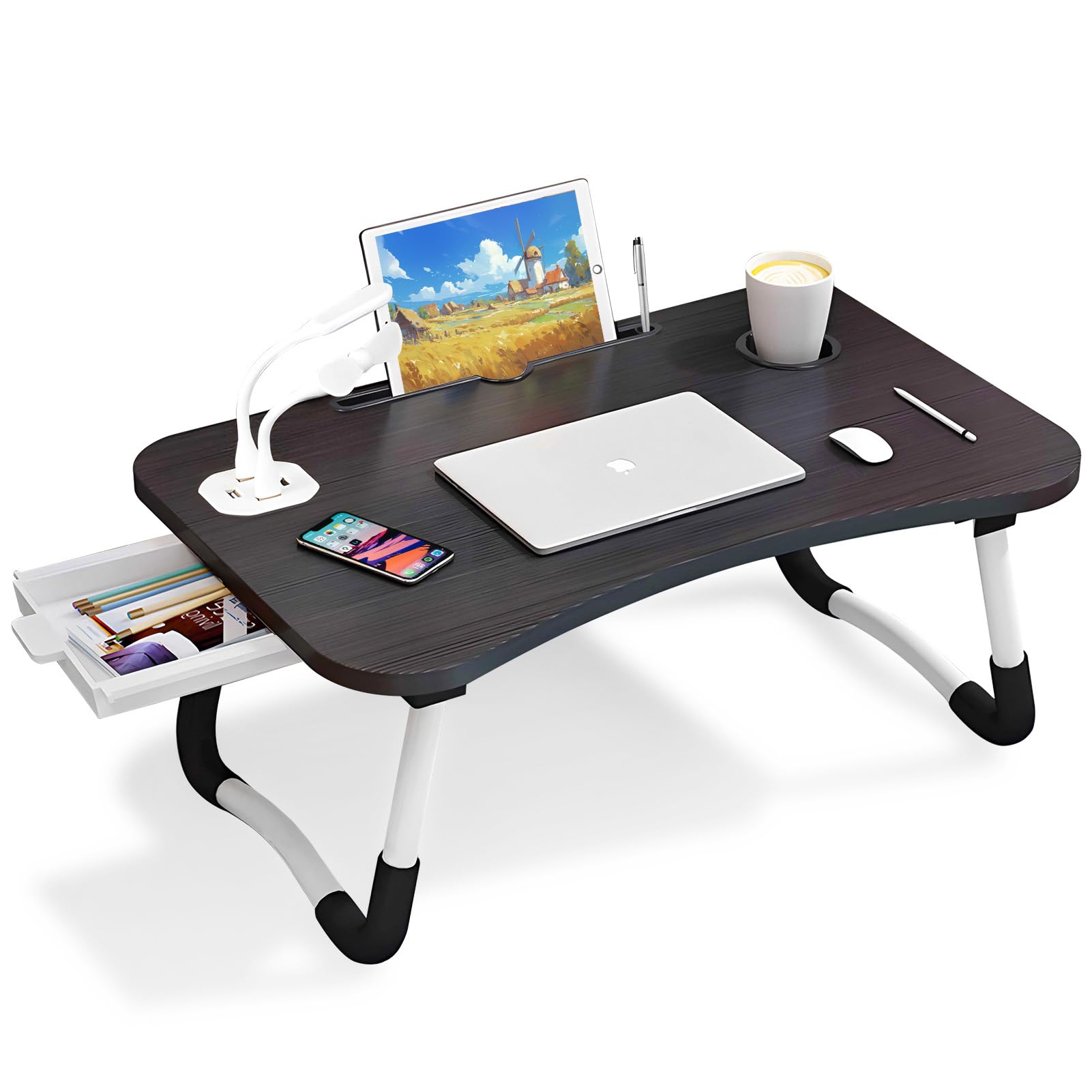 Warmiehomy Laptop Bed Table, Portable Laptop Desk with Foldable Legs & Cup Slot,Foldable Laptop Table for Sofa,Laptop Bed Tray for Working on Bed Black