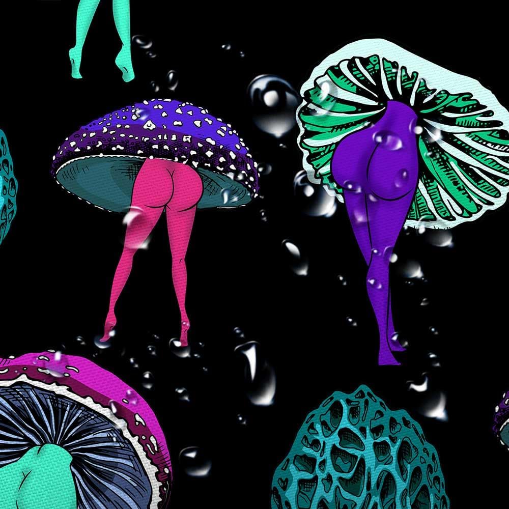 JAWO Funny Hippie Psychedelic Mushroom Blacklight Shower Curtain Bathroom Decor, Cute Butt Tattoo Flash Mushroom Bathroom Curtain, UV Reactive Shower Curtain Sets with Hooks 69x75inches