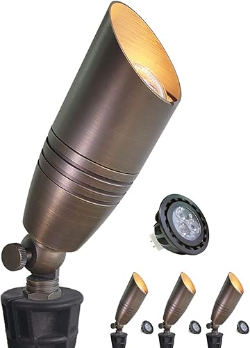 MALORY Focos de paisaje de latón paquete de 4 con kit de bombillas (S02), bajo voltaje 12V CACC LED para exteriores para casa y árbol, estaca de
