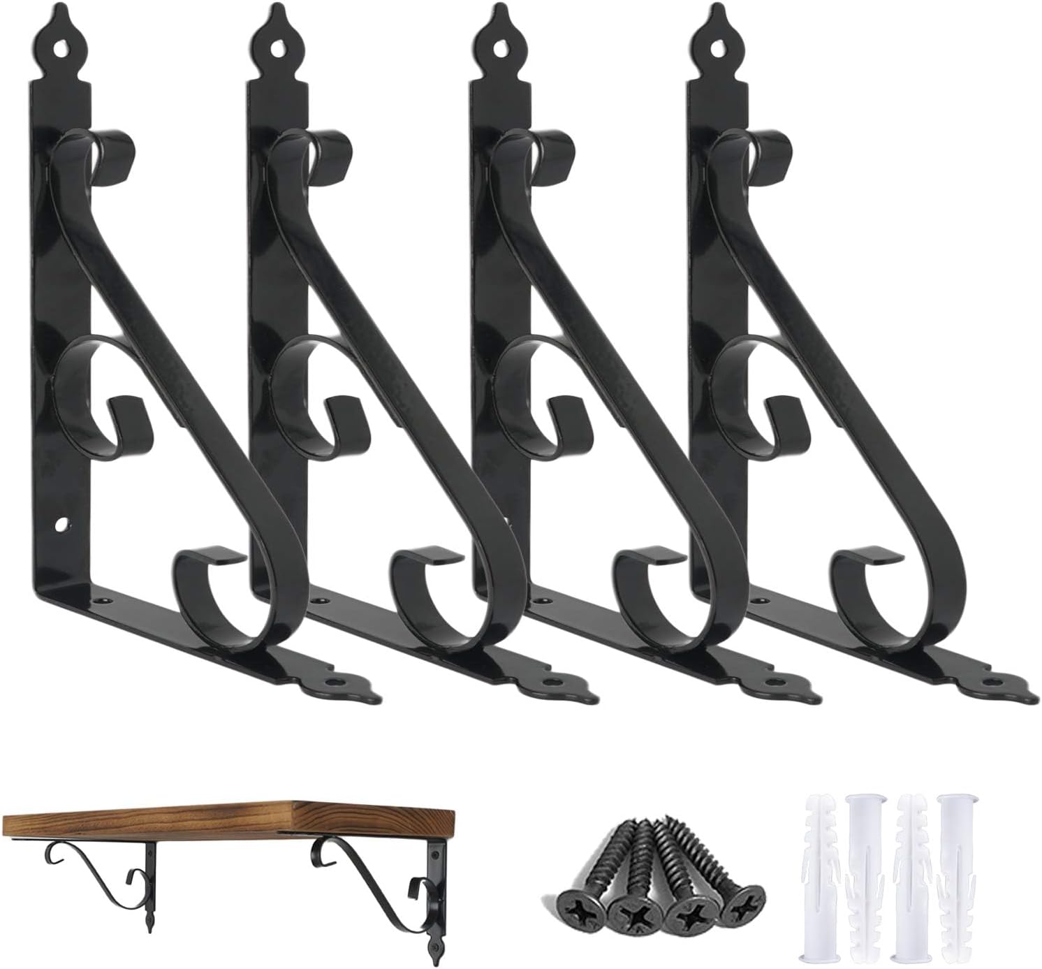Ouvin Decorative Wall Shelf Brackets 4 Pack 10inch Heavy Duty L Corner Brace Shelf Support Floating Metal Brackets with Screws (250 mm/10inch) Black