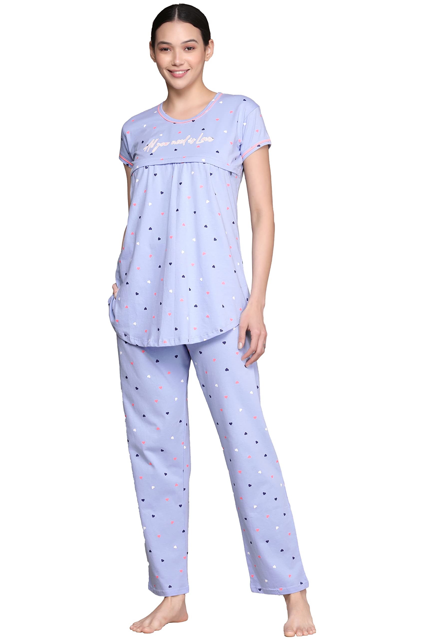Women's Heart Print Maternity & Feeding T-Shirt & Pajama Night Suit Set 1069-image-46