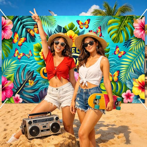 Image of HOMETITUTE Hello Summer Banner 71 x 43 inch Summer Hawaiian Party Decorations Flower Butterfly Summer Outdoor Decorations Supplies Backdrop Tropical Beach Hawaiian Party Themed Photo Booth Props